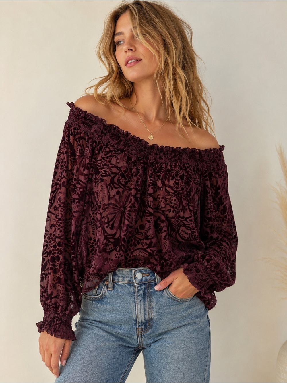 Free People Burgundy Velvet Boho Peasant Blouse Smocked Long Sleeve Small
